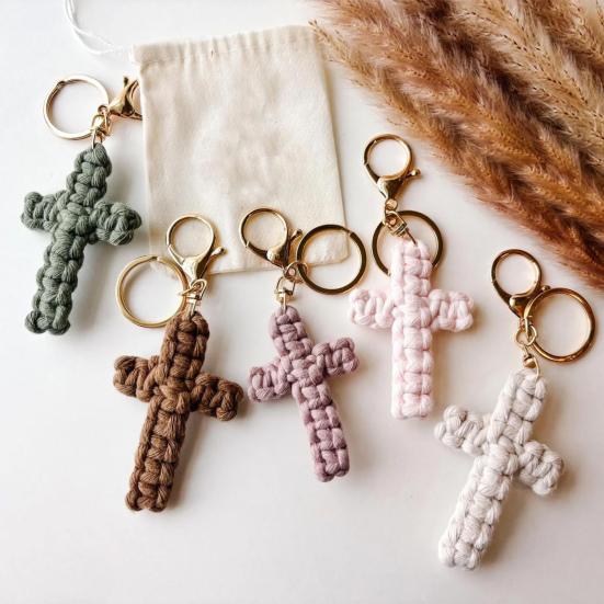 Handmade Christian Cross-shaped Keychain with Golden Ring Compact Comfortable Prayer Pendant Religious Accessory