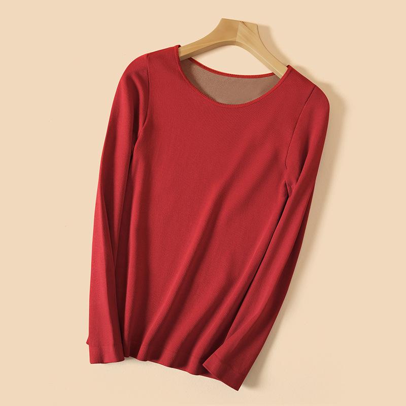 

Женский термо-топ с круглым вырезом из бархата - Облегающий крой, Петельчатый бархат, С добавлением бархата, Идеально для зимы One Size (80-135 lbs)