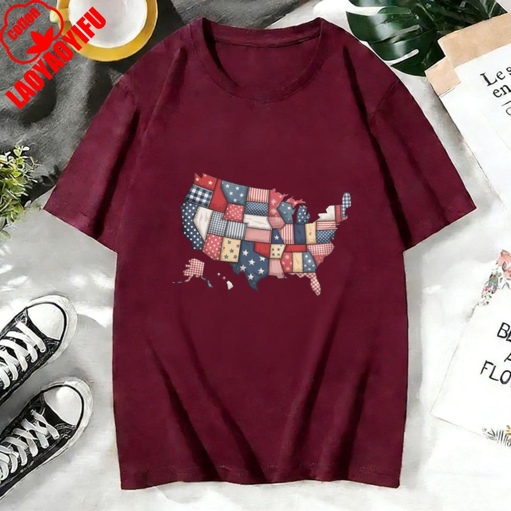 USA 250th Anniversary Shirt Semiquincentennial 2026 Patchwork Map Patriotic Tee High Quality Cotton Women Clothes