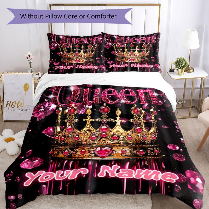 3PC Custom Name Royal Crown Glitter Bedding Set Printed Bedding Set Duvet Cover Closure Includes 1 Duvet Cover & 2 Pillowcases for All Seasons Bedroom