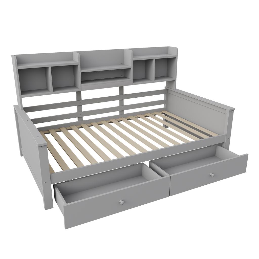 Schlafsofa 90x200, Schubladen und Regale, Lattenrost, Kinderbett, Jugendbett, Einzelbett, Massivholzbett Grau