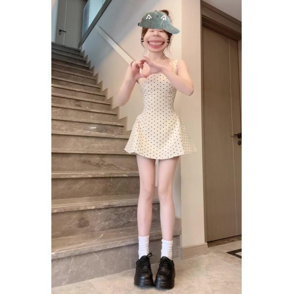 Sleeveless neck dress women's summer small polka dot backless sexy vest sweet a word skirt