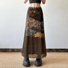 Large Size   Skirt Women Vintage Mesh Vintage Print Splicing Slim Mid-length Skirt