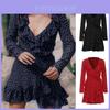 Elegant 128 Digital Print Irregular Ruffle Hem Polka Dot Deep V Chiffon Dress For Stylish Adults