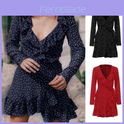 Elegantes 128 Digitaldruck Unregelmäßiger Rüschensaum Gepunktetes Tiefes V Chiffonkleid Für Stilvolle Erwachsene
