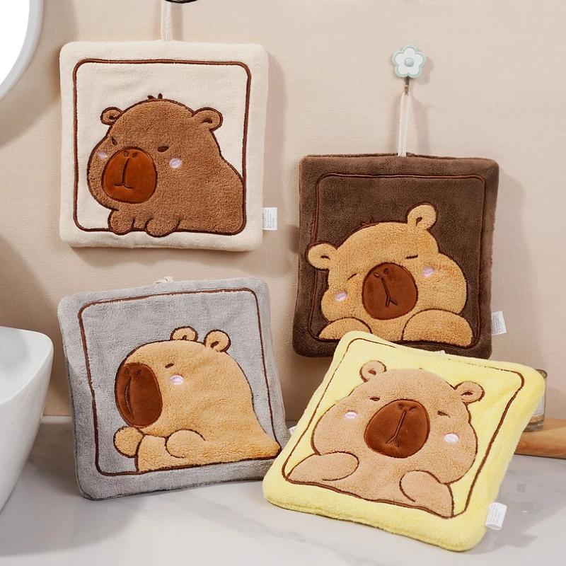 Kawaii Kapibara Hand Towel Thickened Coral Fleece Embroidered Towels Cute Hand Cloth Kitchen Children's Handkerchief Towel