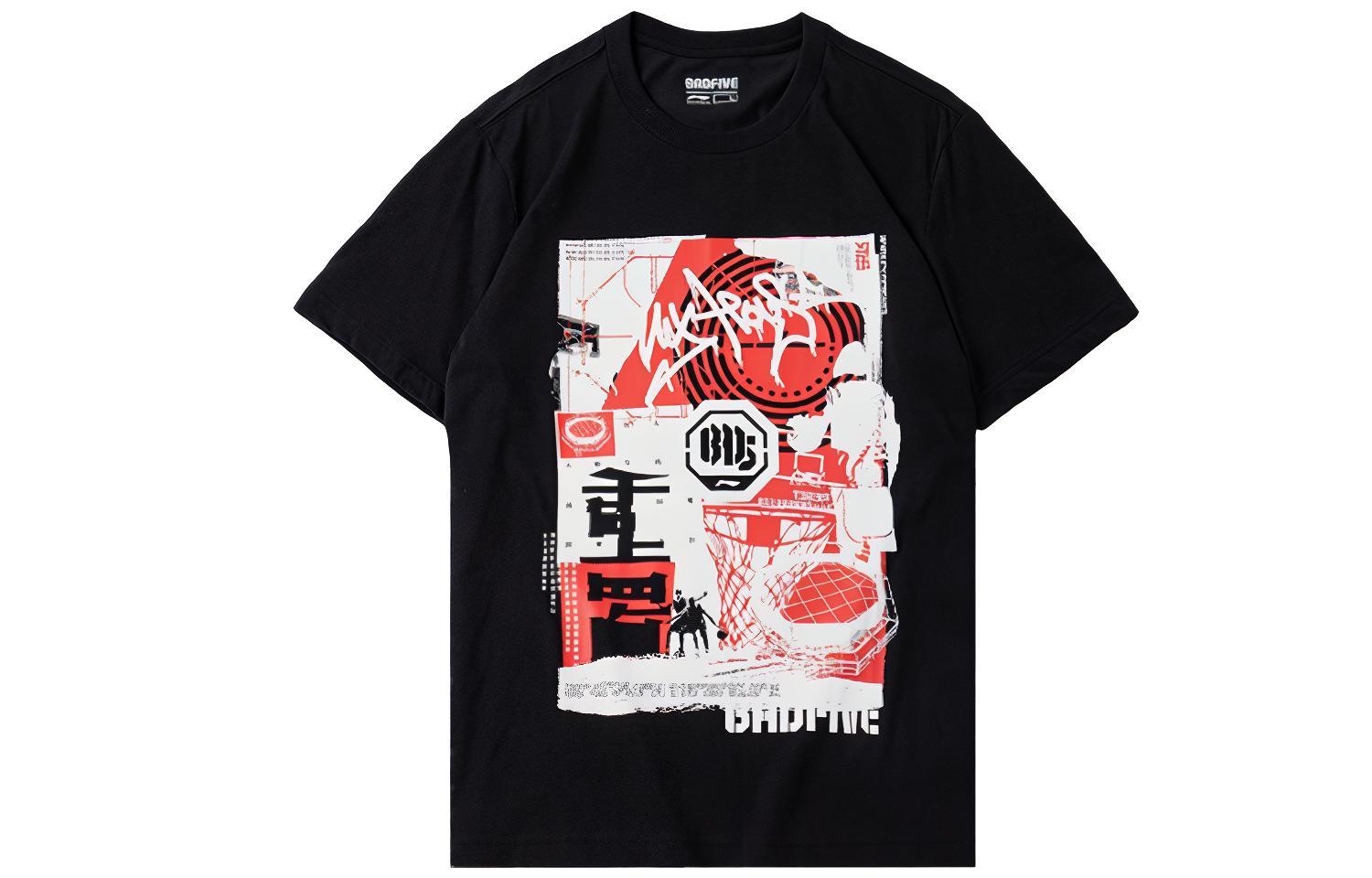 Li Ning T Shirts Men s Black Crew Neck Moderate Straight Fit AHSQ141-1 M