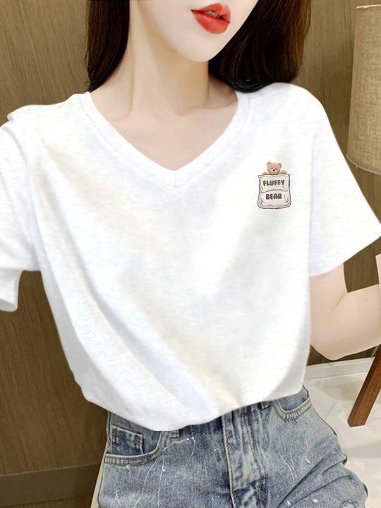 

Korean version 2025 new summer simple cotton short-sleeved t-shirt women s white V-neck top loose cotton t-shirt S