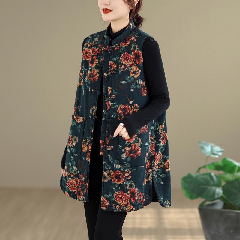 Retro Chinese Stand Collar Frog Button Printed Padded Vest - Winter 2026 Mid-Length Sleeveless Design