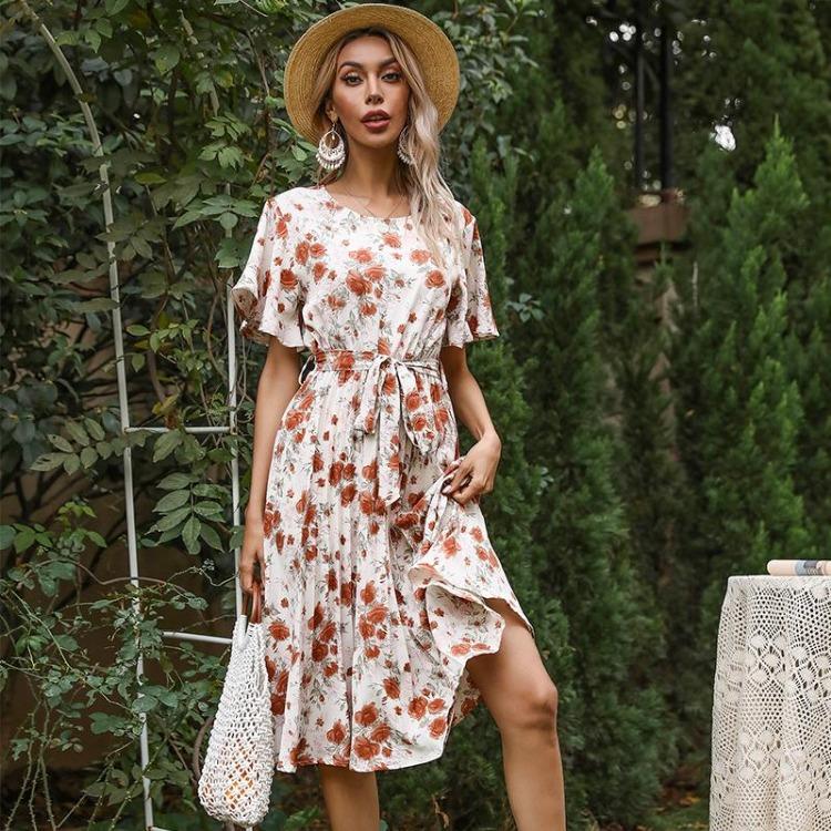 Women Floral Print Long Dress Summer Fall Casual O Neck Short Butterfly Sleeve High Waist Slim Bandage Belt Sizes S To XL