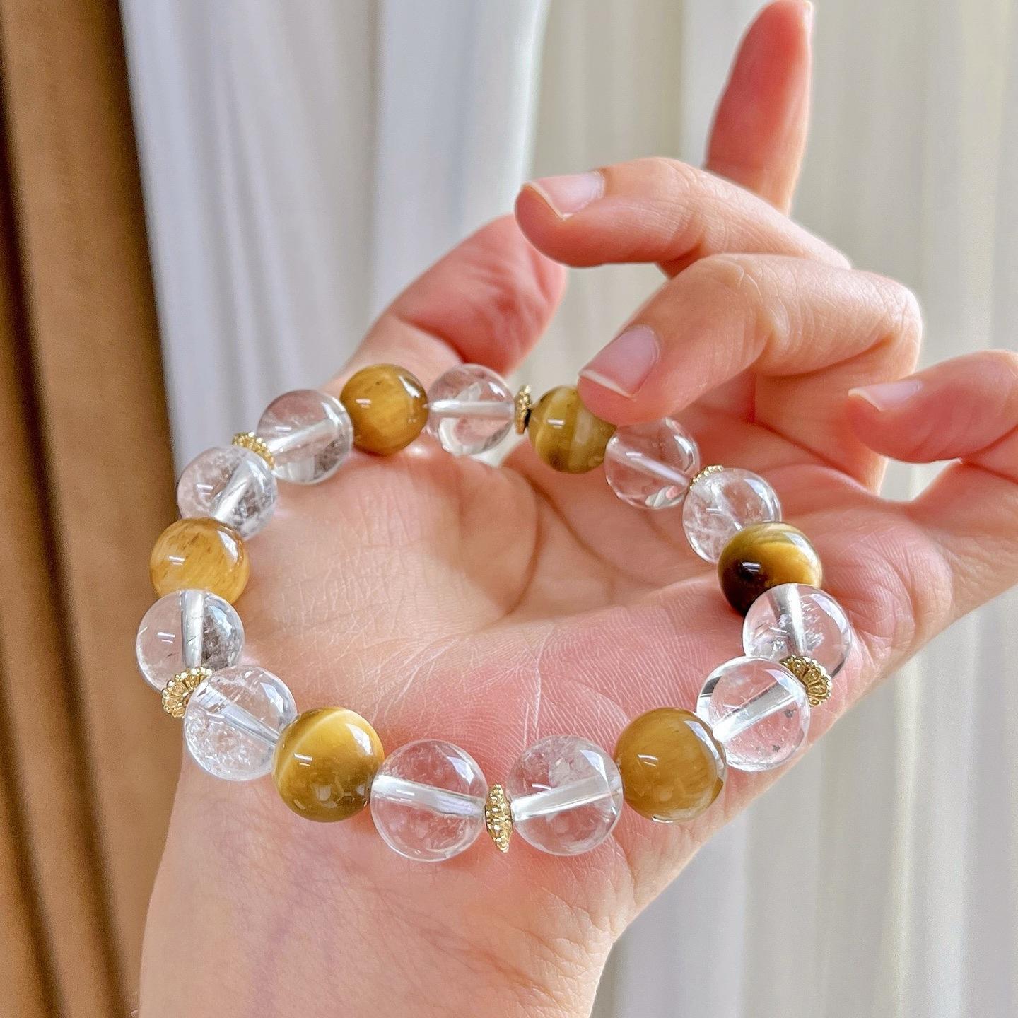 10Mm Natural White Crystal Tiger S Eye Design Bracelet