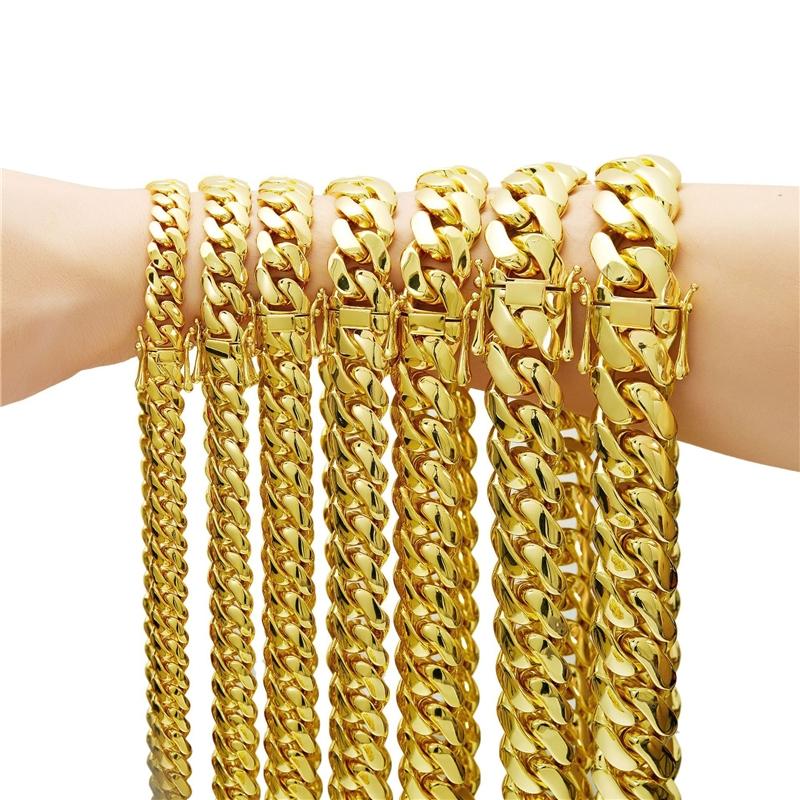 Stainless Steel Jewelry 8-20mm PVD Coating Laminated Flat Cuban Link Chain 14K Gold Stainless Steel Thin Cuban Link Chain 16inches(40.64cm)&8mm золотой