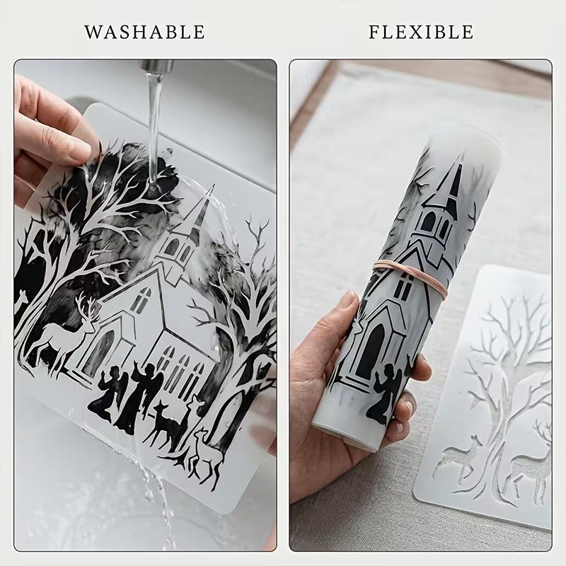 3ks 21×14,8cm Sada vánočních šablon Opakovaně použitelné PET šablony na stěnu, okno, dřevo, látku DIY sváteční dekorace