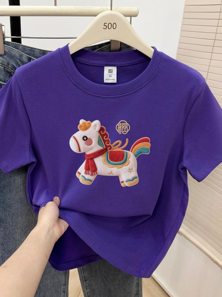 2026 Women's Plus Size T-shirt: Little Horse Print, Round Neck, Short Sleeve, Stylish, Tummy-Covering Design