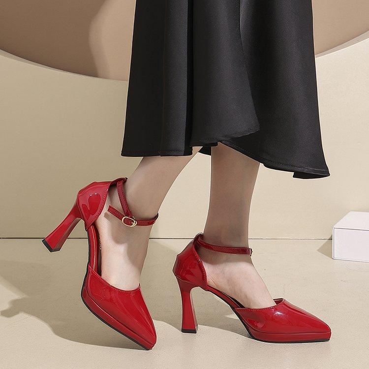 French pointed thick heel hollow word with commuter high heels new temperament versatile nude waterproof table sandals women