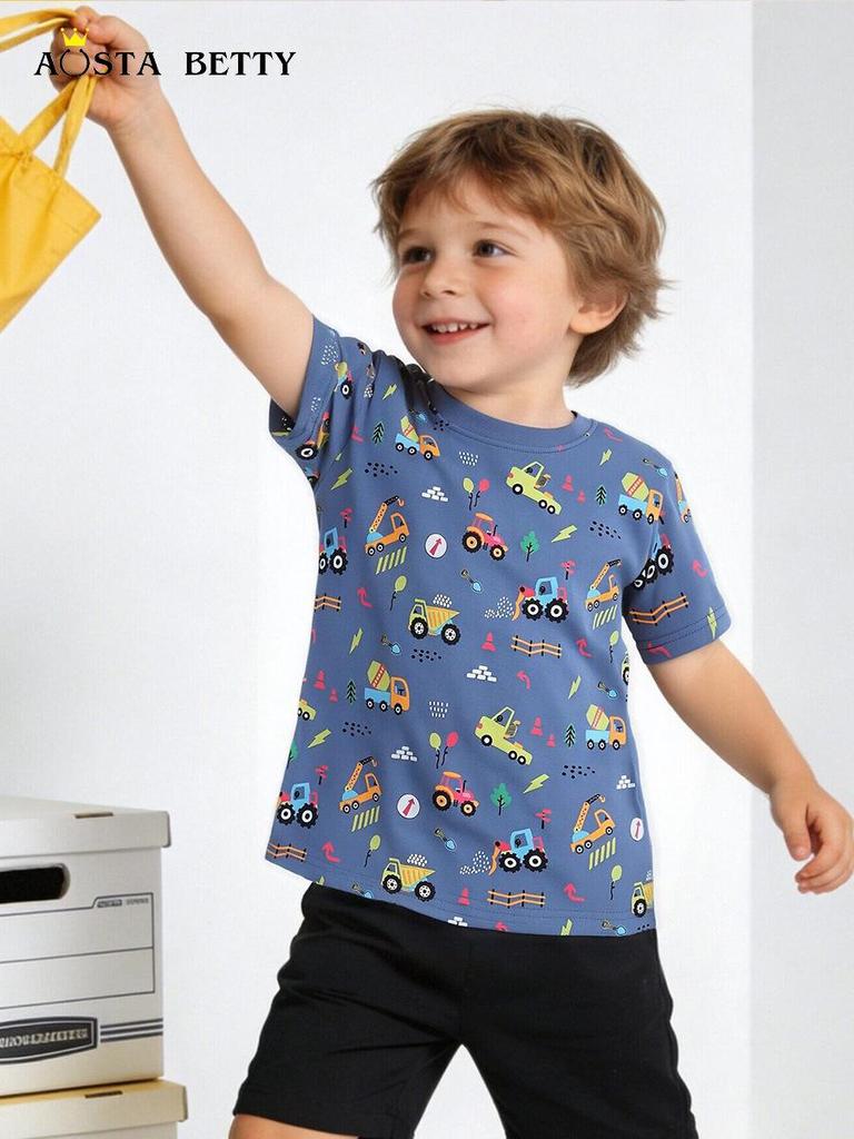 Summer Kids' Short-Sleeve T-Shirt with Construction Vehicle Print - European/American Style