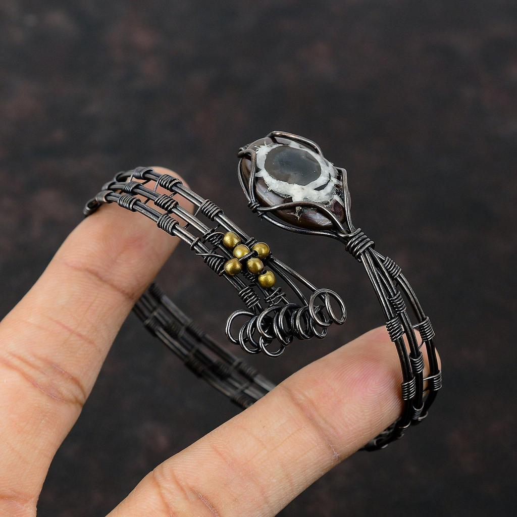 Moroccan Mud Crack Fossil Cuff Bracelet Copper Wire Wrapped Gemstone Bangle Handmade Cuff Adjustable Bangle Copper Wire Jewelry Gift For Her