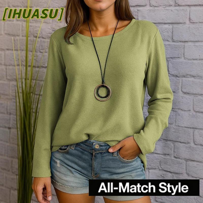 IHUASU Women's Fashion Casual Solid Color Print Long Sleeve O-Neck Blouses & Shirts