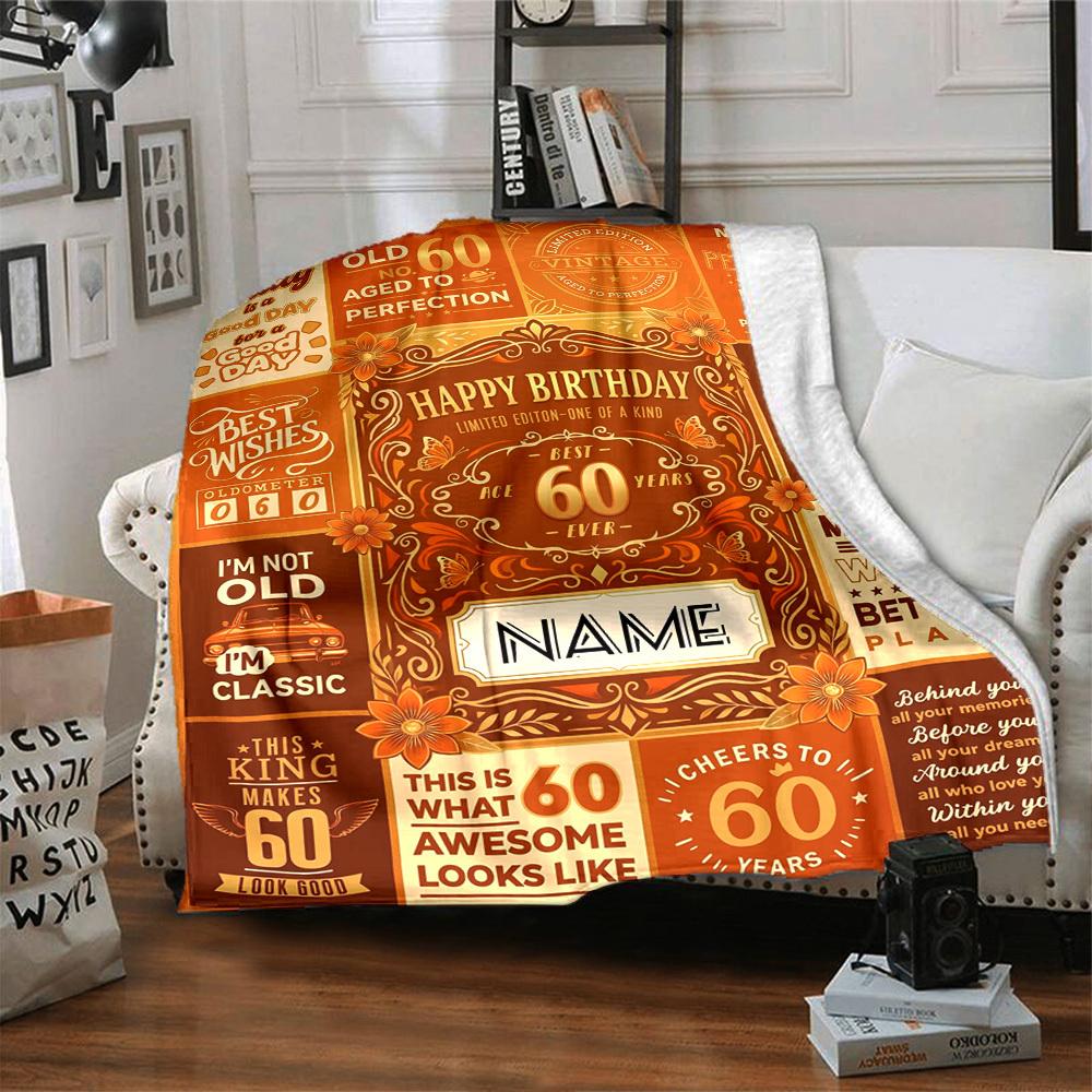 Happy 60Th Birthday Celebration Blanket Personalized Name Soft Warm And Versatile For Sofa Bed Office And Travel Machine Washable Comfortable In All