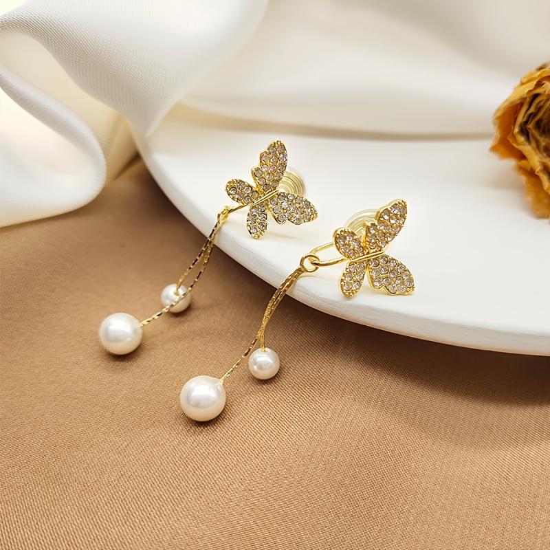 1Pair Stylish and Simple Long Pearl Earrings Butterfly Inlaid Rhinestone Earrings Without Earrings, No Earrings Required