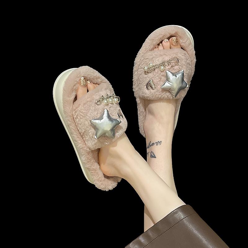 Модные зимние новые женские домашние однотонные тапочки из хлопка с жемчужной звездой — фото 7