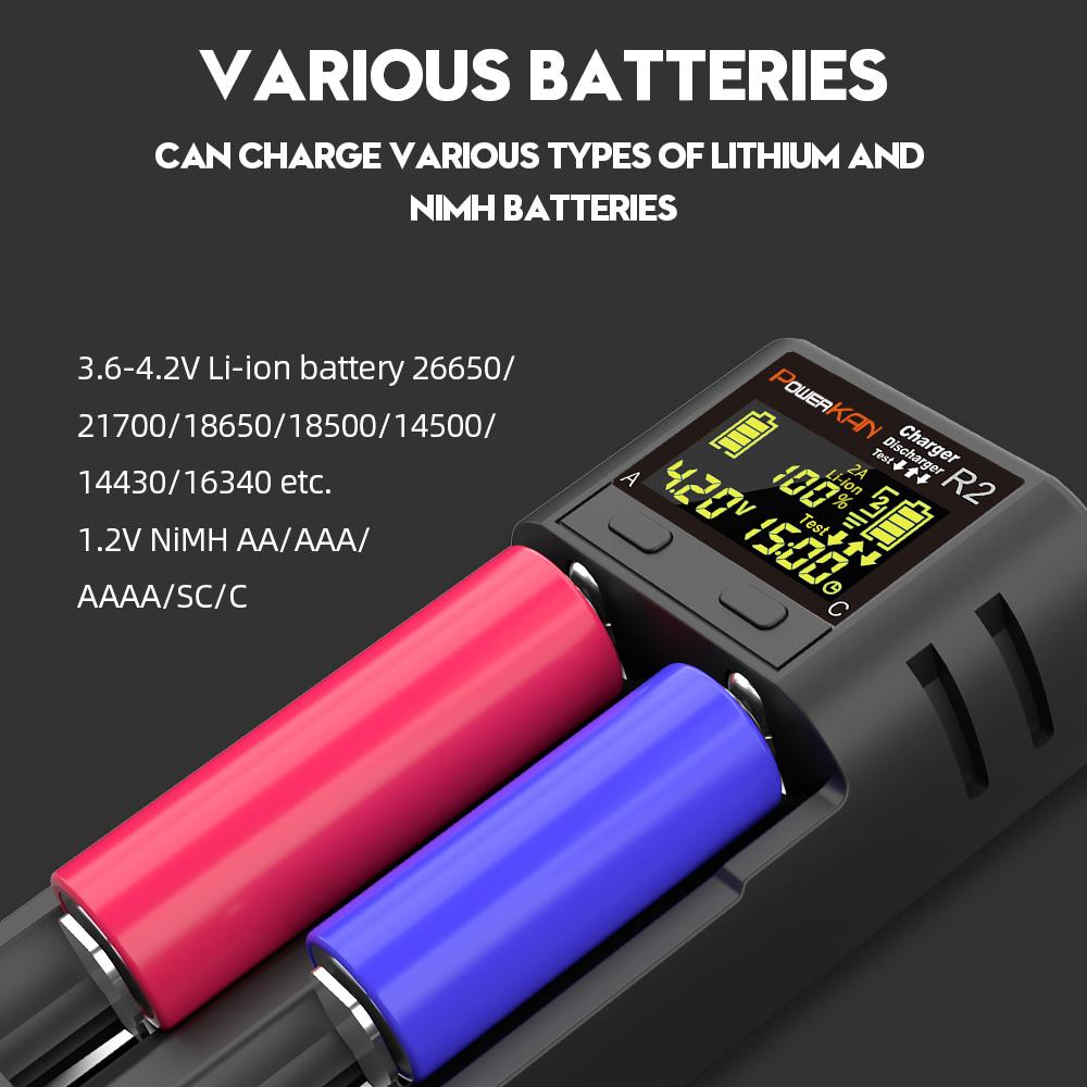 POWERKAN R2 Battery Charger LCD Display Suitable for charging 2 3.7V multi-size Li-ion batteries and 1.2V AA AAA NiMH batteries