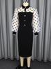 Plus Size Black & White Polka Dot Puff Sleeve Waist-Cinched Shirt Collar Work Dress