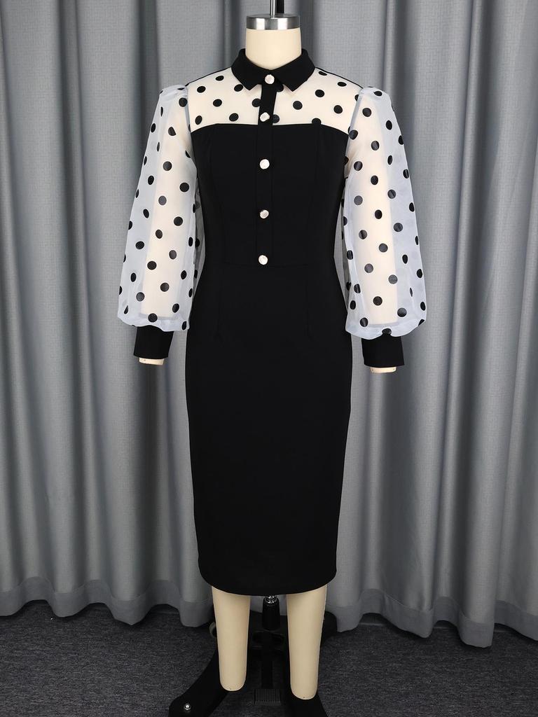 Plus Size Black & White Polka Dot Puff Sleeve Waist-Cinched Shirt Collar Work Dress