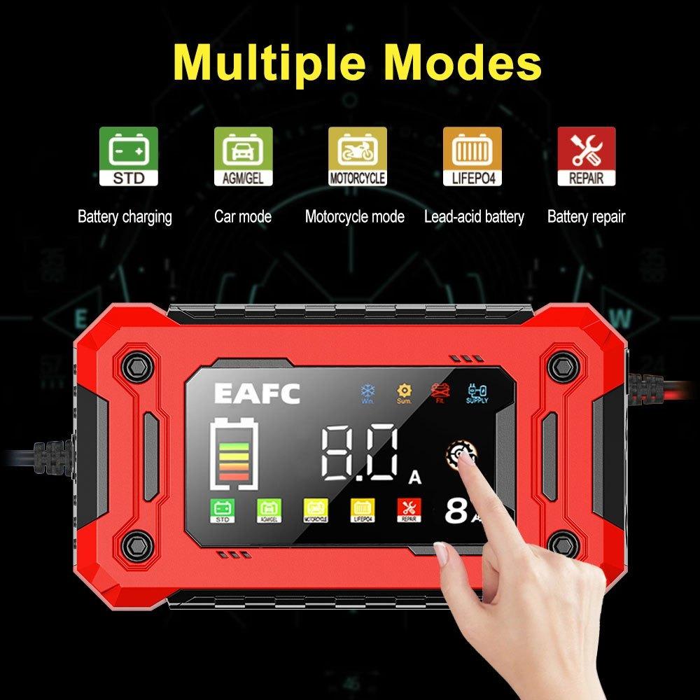 EAFC Akıllı 12V 8A Araç Akü Şarj Cihazı - Büyük Renkli Ekran, AB Fişi, Kurşun-Asit ve LiFePO4 Aküler için Darbeli Onarım