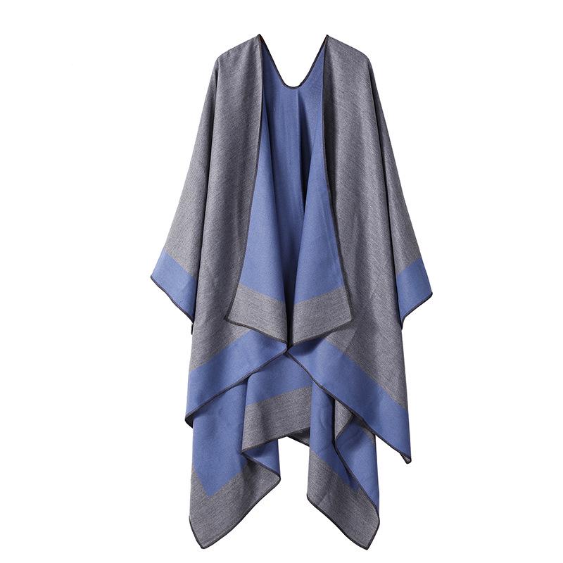 Women's European & American Double-Sided Solid Color Cape Shawl with Striped Edge