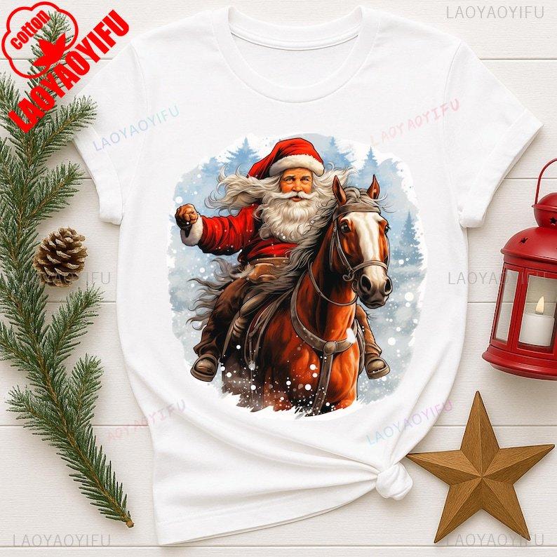 Merry Christmas Funny Santa Riding Chinese Zodiac Horse TShirts Mugs Wall Art Graphic Tshirts Street Fashion Shirt Cotton Tee