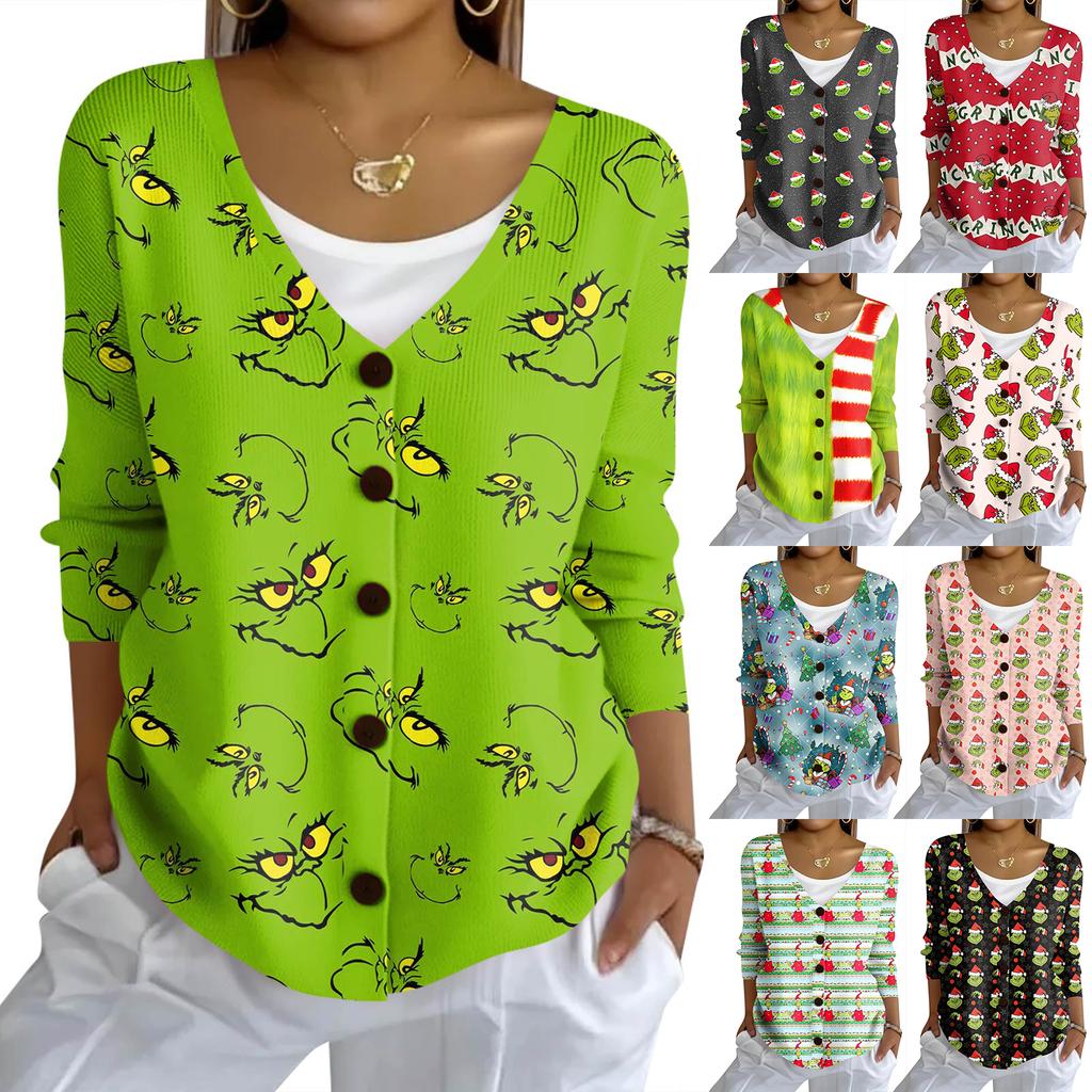 Women's Fashion Casual Knit Sweater Button-Up Christmas Print Cardigan Jacket
