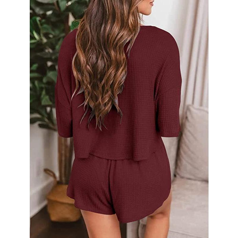 YYFS Moda dame ocazional vară primăvară culoare uni imprimeu mâneci scurte cu decolteu în V pantaloni pantaloni costume