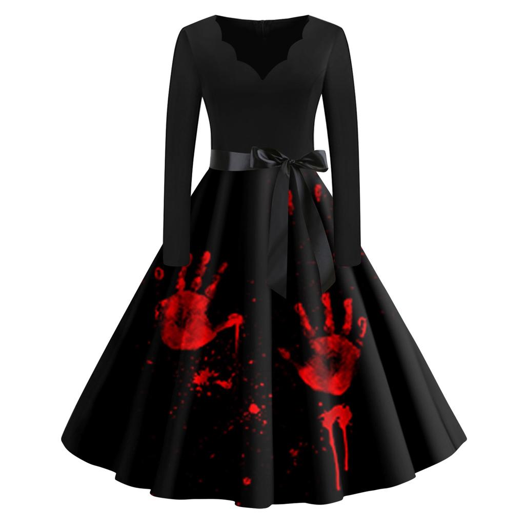 Dámské vintage klasické šaty, výstřih, motýlek, dlouhé rukávy, Halloweenský potisk Šaty s výstřihem do V