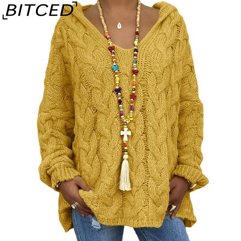 BITCED Fall/Winter Solid Color Cable-Knit Hoodie Sweatshirt for Women