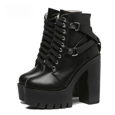 Fashion Black Boots Women Heel Spring Autumn Lace-Up Soft Leather Platform Shoes Woman Party Ankle Boots High Heels Punk