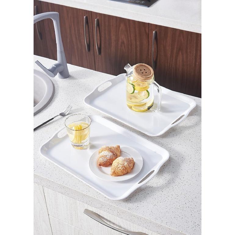 Blue Boat 16.5" x 11.5" Serving Trays Set of 2 White, Dinner Tray, Light Weight Easy to Clean Sturdy Stackable Melamine Serving Tray with Handle,