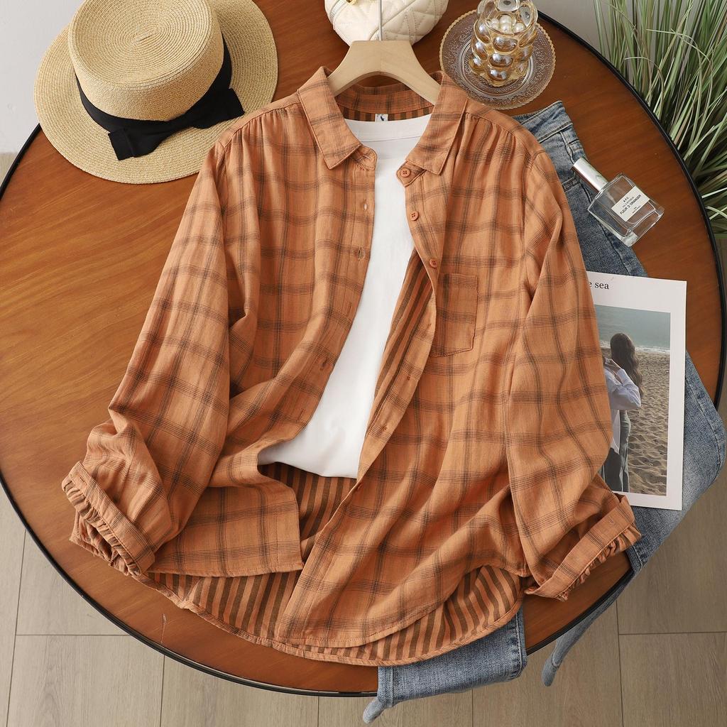 Women's Fresh Plaid Long Sleeve Shirt - Lightweight Sun Protection, Double Layer Cotton Gauze, Spring/Summer 2026.