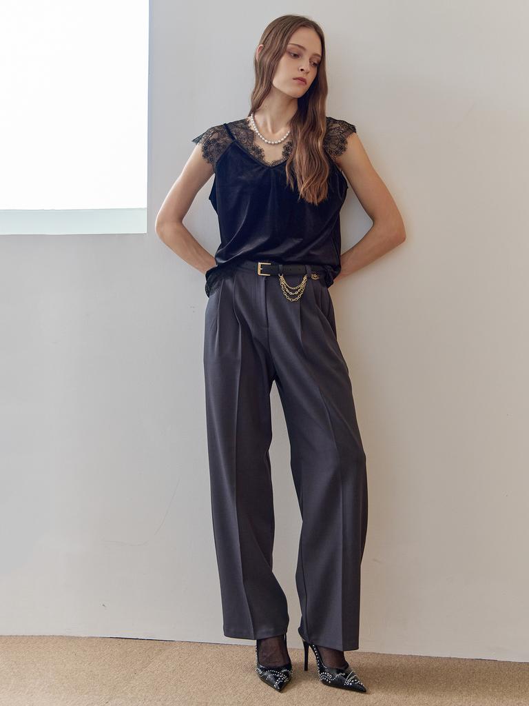 MAXZA Pintuck Detail High-Waisted Wide Slacks