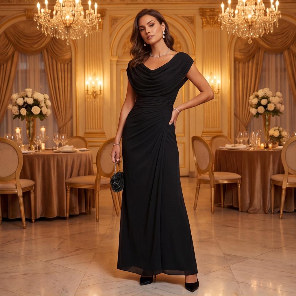 Women’s Neckline Maxi Dress Elegant Long Evening Gown Sleeveless Formal Party Wear Floor Length