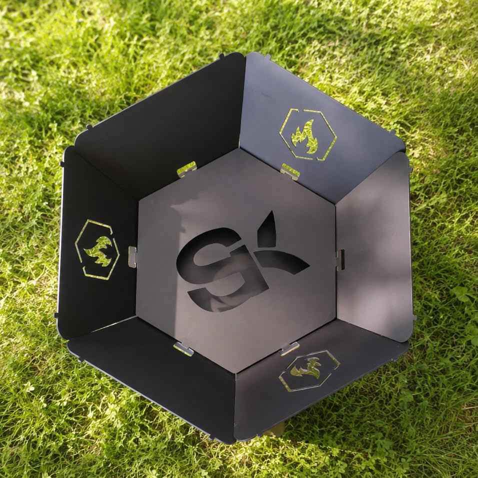cacomi Rokuen Black Steel Finish Compact Folding Fire Pit Made in Japan Solo Use Easy Assembly Rugged Iron Hexagonal Shape Original Design by Shinsei