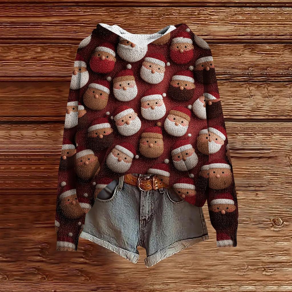 Women's Fashion Casual Long Sleeve Christmas Print Hooded Knitted Sweatshirt