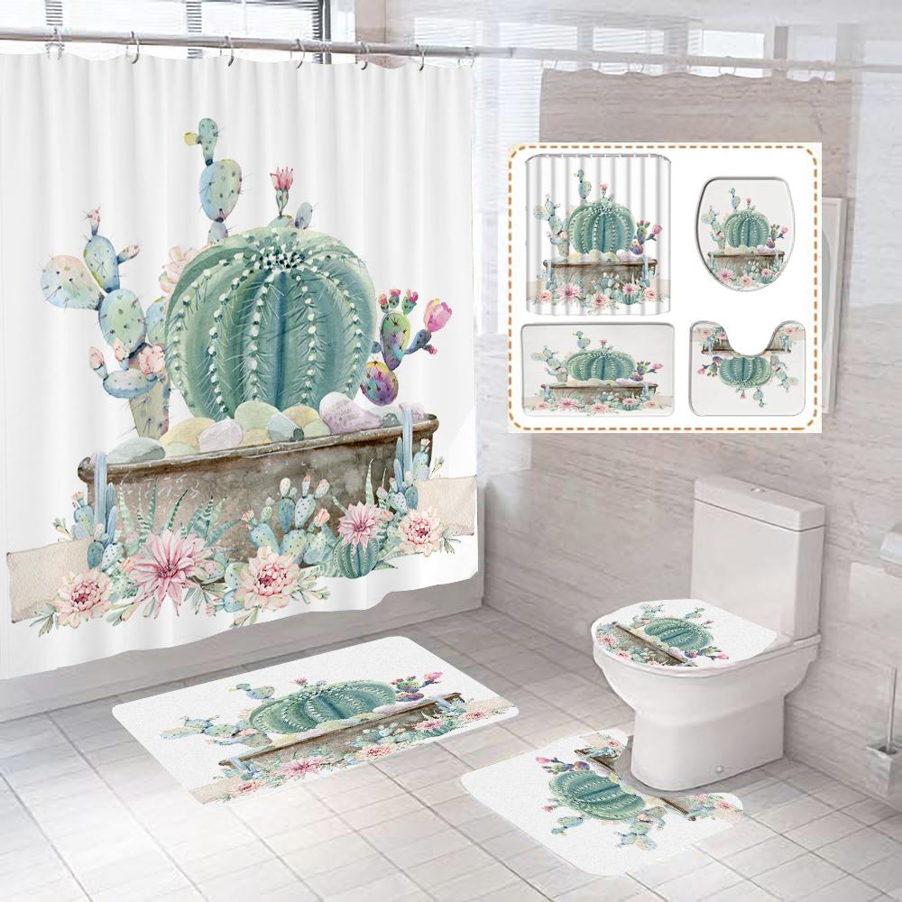 Green Tropical Plant Cactus Bathroom Curtain Polyester Fabric Shower Curtains Pedestal Rug Toilet Cover Bath Mat Set Home Decor