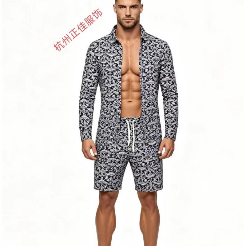 

Mens 2 Piece Baroque Print Long Sleeve Shirt And Shorts Set M