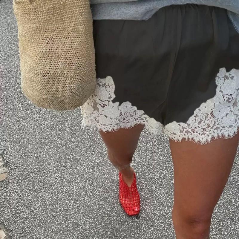 Womens Lace Trim Wide Leg Shorts 3/4 Length Elastic Waist Casual Commute Fashion