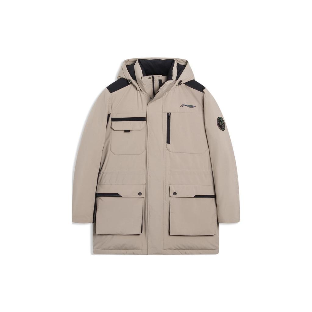 Li Ning Badminton Series Solid Color Zipper Hooded Long Sleeve Down Jacket Men Outerwear Silver Mink-Brown AYMS211-1