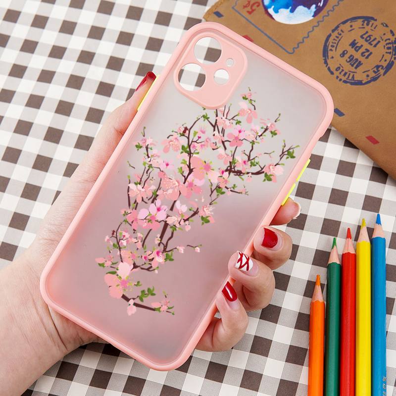 Pink Sakura Flower Cartoon Phone Case Matte Transparent  For Iphone 7 8 11 12 13 Plus Mini X Xs Xr Pro Max Cover