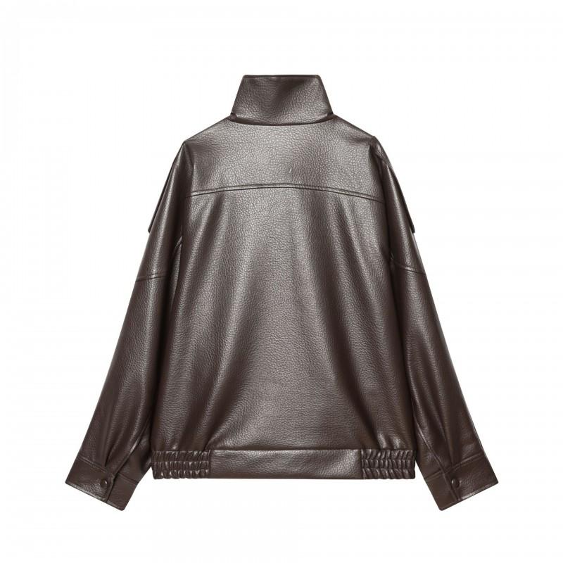 Womens Faux Leather Jacket Casual Loose Fit Square Collar Zip Up Coat