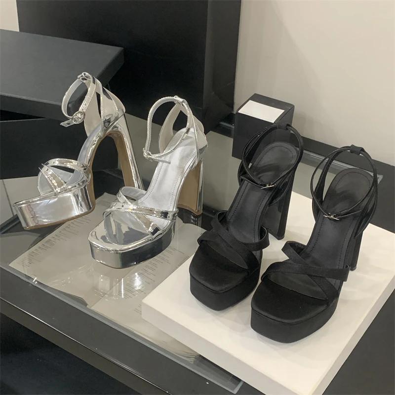 Fashion Eilyken Summer Extreme High Heels Square Toe Platform Sandals Women Fashion Narrow Band Buckle Strap Dress Party Shoes