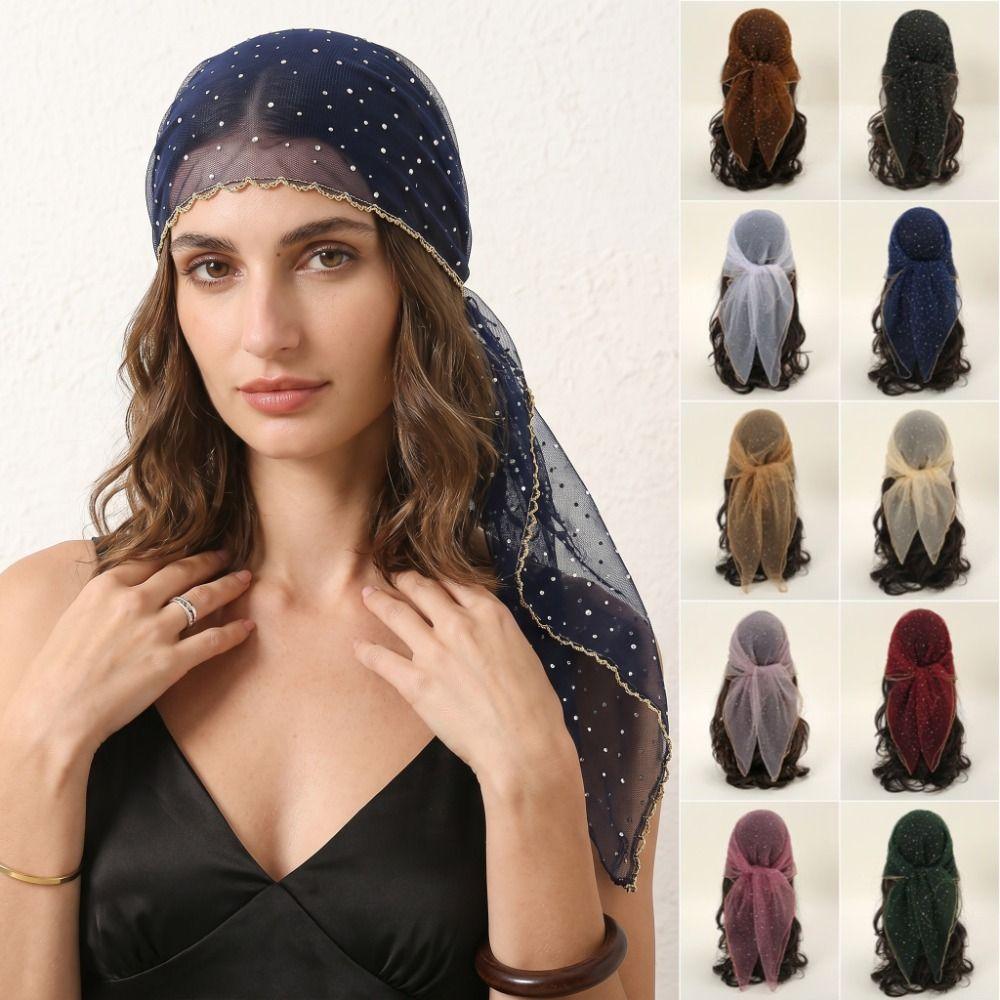 Thin Sparkling Headwrap Sequin Mesh Bandana Hotfix Rhinestone Square Scarf Women Fashion